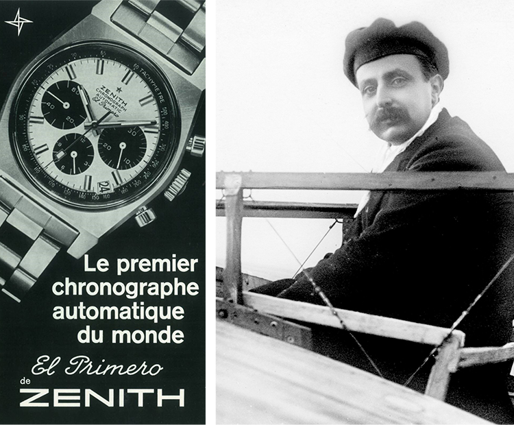 （左）69年に発表されたエル・プリメロ初搭載モデルの１つ、A384。（右）破壊王の異名を持つ、フランス航空界の先駆者ルイ・ブレリオ。彼はゼニスの時計を身に着け、1909年にフランスのカレーから英国のドーバーまでの海峡横断飛行に初成功した。